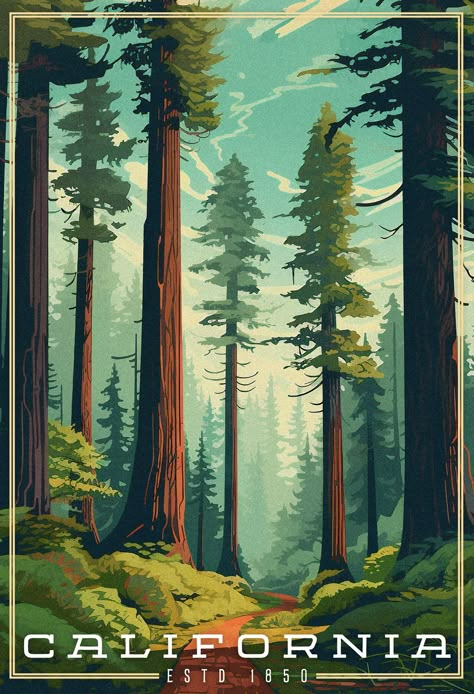 Giant redwood trees with a small trail going through them. Blue skies with just a few thin clouds. The word California is the title located in the bottom of the image Nature Poster Design Illustration, California Poster Aesthetic, Redwood Forest Illustration, National Parks Prints, California Vintage Poster, Redwood Forest Art, National Parks Vintage, Vintage Landscape Illustration, California Travel Poster