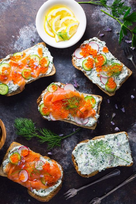 Tartines with Herb Cheese and Smoked Salmon - Nerds with Knives Salmon Tartine, Whitefish Salad, Herb Cream Cheese, Salmon Roe, Smoked Trout, Herb Cheese, Spring Brunch, Smoked Fish, Easy Appetizer Recipes