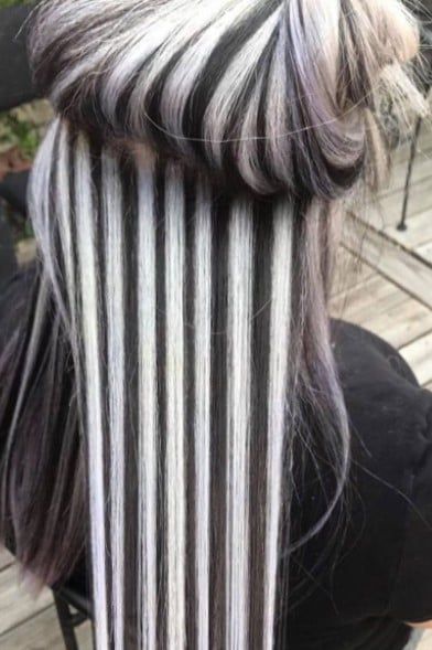 White Highlights Hair, Black White Highlights, Brown Hair With Silver Highlights, White Hair Highlights, Teal Hair Color, Skunk Hair, Black Brows, Hair Highlights And Lowlights, White Hair Color