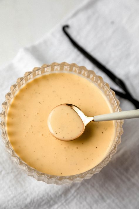 Vanilla Bean Crème Anglaise | Here’s an all-purpose recipe that is great to have in your repertoire!  Vanilla bean crème anglaise is a great sauce to have on hand for a multitude of desserts-it amps up the flavor and decadence level while making any dessert look elegant.  #food #recipe #nevernothungry #desserts Creme Anglaise Recipe, Brandy Cream Sauce, Vanilla Bean Recipes, Not Hungry, Pumpkin Bread Pudding, Dessert Sauce, Elegant Food, Sweet Sauce, Breakfast Dessert