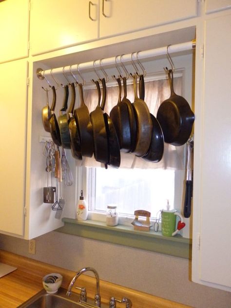 Pot Hanger Kitchen, Panty Organization, Above Sink, Space Saving Hacks, Kitchen Updates, Pot Racks, Pot Rack Hanging, Space Saving Hangers, Plate Rack