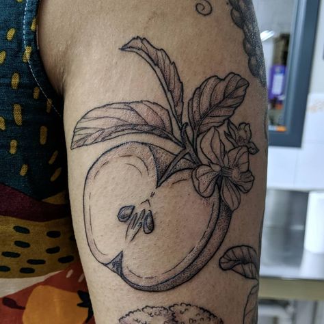 Apple Of Knowledge Tattoo, Apple Seed Tattoo, Apple Blossom Branch Tattoo, Candy Apple Tattoo, Apple Tattoo Black And White, Fruit And Vegetable Tattoo, Apple Heart Tattoo, Dietitian Tattoo, Apple Branch Tattoo