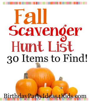 Fall / Autumn theme Scavenger Hunt List!   30 fun items to find with a Fall theme.  Great game for parties or family get togethers.  http://www.birthdaypartyideas4kids.com/fall-scavenger-hunt.html #fall #scavenger #treasure #hunt Autumn Scavenger Hunt, Fall Party Ideas, Thanksgiving Scavenger Hunt, Fall Scavenger Hunt, Fall Party Games, Scavenger Hunt List, Fall Festival Games, Pumpkin Patch Party, Fall Harvest Decorations