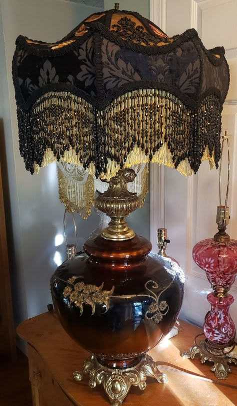 Victorian French X Large Table Lamp Shade kahn Burgundy Rose Black Sculpted Velvet, Bead Lace, Fringe Tassels - Etsy UK Eccentric Victorian Decor, Cabaret Burlesque, Vintage Lampshades, Macrame Chandelier, Bead Lace, Victorian Lamps, Victorian Lampshades, Table Lamp Shade, Mountain Ash