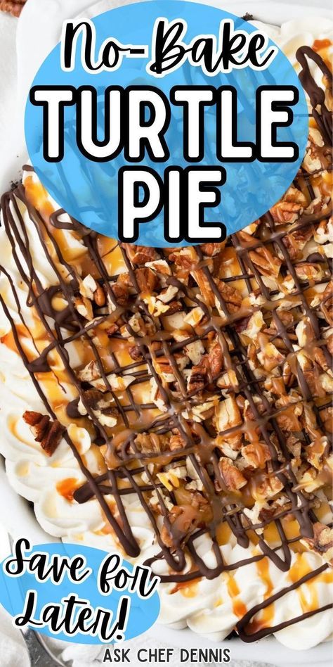 Treat yourself to a delicious turtle pie, a homemade dessert that's as easy to make as it is delicious. With layers of rich chocolate, gooey caramel, and nuts, this sweet treat is a quick and simple way to satisfy your cravings. This dessert recipe is perfect for crowds. It's a holiday treat everyone loves! Make it this holiday season! Everyone will love it. Turtle Pie Recipe, Turtle Pie, Homemade Whipped Cream Recipe, Favorite Pie Recipes, Gooey Caramel, Homemade Dessert, Creamy Desserts, Delicious Pies, Homemade Desserts