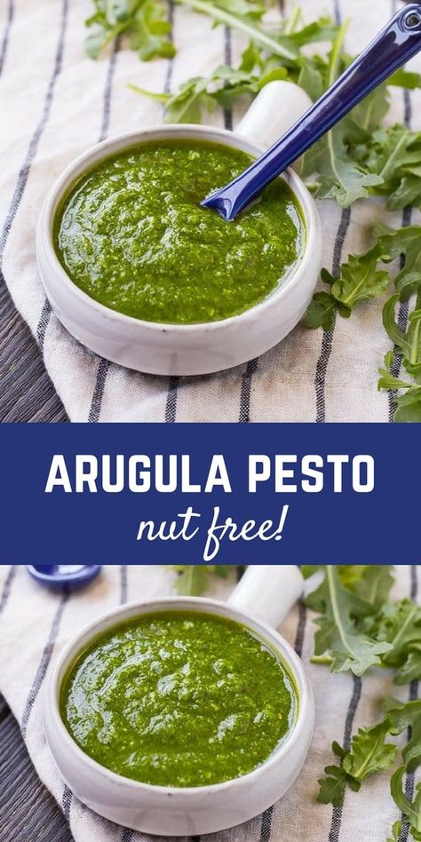 Switch up your pesto game with this arugula pesto. It's great on pasta, pizza, and so much more!  Get the pesto recipe on RachelCooks.com! Cooked Arugula, Arugula Pesto Recipe, Super Salad, Pesto Recipes, Arugula Recipes, Vegetarian Mains, Arugula Pesto, Bbq Sauces, Nut Free Recipes