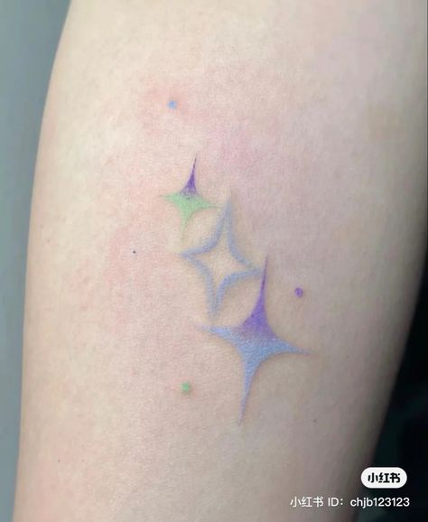 Blue Star Tattoos For Women, Rainbow Gradient Tattoo, Color Tattoos After Years, Pastel Color Tattoo, Colour Star Tattoo, Gradient Star Tattoo, Soft Color Tattoo, Colored Star Tattoos, Light Colored Tattoos