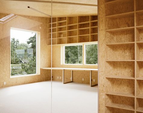 Chipboard Interior, Osb Furniture, Interior Wood Paneling, Osb Wood, Osb Board, Oriented Strand Board, Wooden Cladding, Triangle House, Casa Container