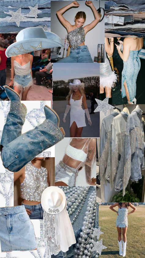 Disco Cowgirl Mood Board, Cool Bachelorette Outfits, Denim Rodeo Outfit, Denim And Rhinestone Outfit Bachelorette, Denim Outfit Bachelorette Party, Denim And Diamonds Bachelorette Outfit, Denim And Diamonds Aesthetic, Dallas Bachelorette Party Outfits, Diamond And Denim Outfit