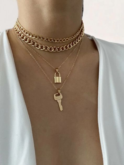 Lock Charm Necklace, Key Charm Necklace, Key Pendant Necklace, Gold Necklace Set, Classy Jewelry, Key Necklace, Lock And Key, Layered Jewelry, Chain Necklaces