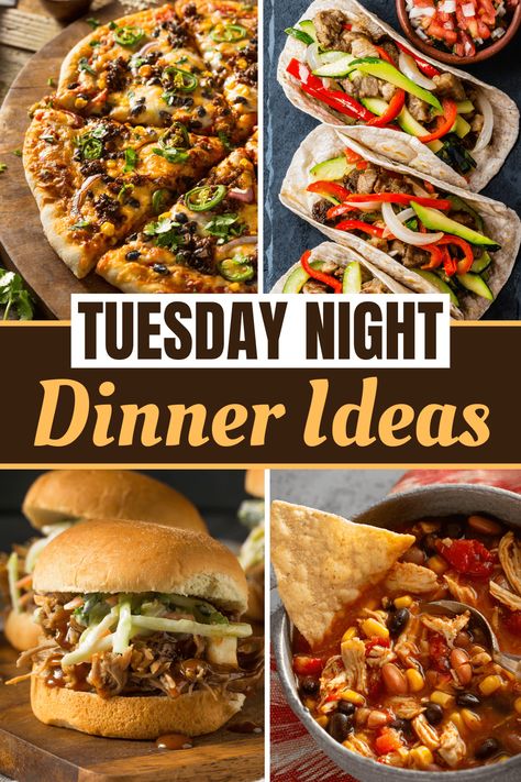 Looking for some easy Tuesday night dinner ideas? From soup to pasta to tacos, these dishes make the perfect weeknight meals. Quick Unique Dinners, Tuesday Meals Dinners, Tuesday Supper Ideas, Quick Wednesday Night Dinner, Dinner Ideas American, Fast Friday Night Dinner, Easy Dinner Recipes With Meat, Easy Work Night Meals, Easy Tuesday Dinner Ideas