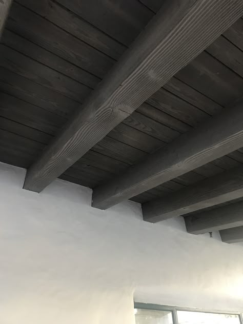 Dark Stained Beams Ceilings, Black Stained Ceiling Beams, Black Wood Ceiling Beams, Charcoal Beams Ceiling, Dark Stained Ceiling, Black Beamed Ceiling, Darker Ceilings Than Walls, Dark Ceiling With Beams, Black Stained Wood Ceiling