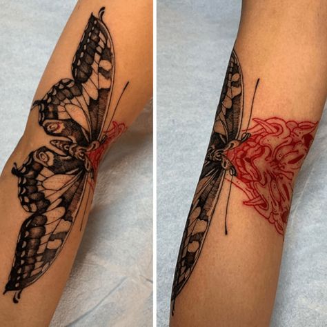 Red Feet Tattoo, Inner Elbow Moth Tattoo, Long Slim Tattoo, Butterfly Tattoo Open And Close On Arm, Knee Hinge Tattoo, Moth Tattoo Elbow Crease, Arm Moth Tattoo, Knee Pit Tattoo, Folding Elbow Tattoo