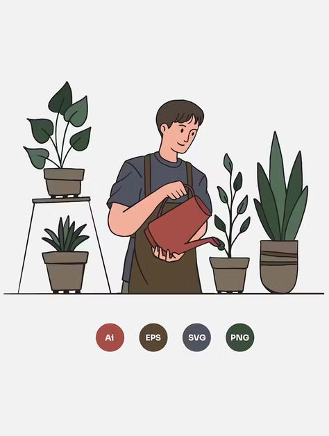 Watering Plants Vector Illustration AI, EPS Gather Illustration, Watering Plants Illustration, Gardener Drawing, Plants Vector, Plant Cartoon, Plants Illustration, Human Pictures, Watering Plants, Water Illustration