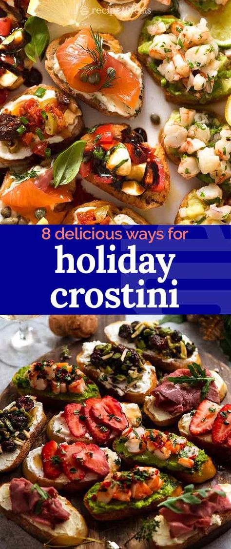 Italian Canapes Ideas, Winter Crostini Appetizers, Party Toast Appetizers, Cold Crostini Appetizers, Christmas Bruchetta, Christmas Bruchetta Appetizers, Crostini Toppings Ideas, Holiday Crostini Appetizers, Christmas Crostini Appetizers