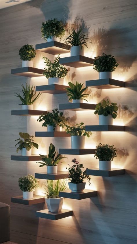 Diy Plant Wall Shelf, Minimalist Plant Bedroom, Plants In Office Space, Wall Design Ideas Creative, Garden Wall Decor Outdoor, Diy Plant Stand Indoor, Plant Wall Ideas Indoor, Office Plants Decor, Hall Decor Ideas