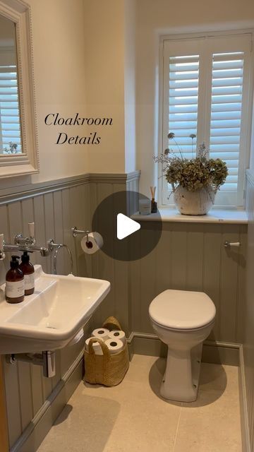 Beth Aspinall on Instagram: "Morning 🙋🏼‍♀️Cloakroom details… Primarily, I would have to say my best design idea in here, was concealing our toilet cistern & switching to a wall hung sink, which opened up the floor space. The walls are painted in @lauraashleyuk ‘Ivory’ which is a very neutral shade, which we have throughout our downstairs too. The panelling is painted in @farrowandball ‘Hardwick White’ & it’s finishing height, measures 1120mm. Have a lovely Tuesday! Xx Sink @duravit Taps @lefroybrooksofficial Mirror @neptunehomeofficial Prints @themuseehome Faux flowers @the_suffolk_nest #cloakroom #details #info #paint #interior #inspohome #inspo #housedesign #housedesign #housegoals #housebeautiful #detailing #detail #ideas #houseandhome #housetohome #interiordecor #decor #instada Small Downstairs Toilet Ideas Panelling, Country Downstairs Toilet, Clock Room Toilet Ideas, Panelled Cloakroom Toilet, Downstairs Cloakroom Ideas, Downstairs Toilet Panelling, Tiny Toilet Room Ideas, Small Downstairs Toilet Ideas, Cloakroom Toilet Ideas