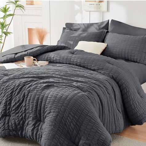 Amazon.com: HYMOKEGE Queen Comforter Set Seersucker 7 Pieces, All Season Luxury Bed in a Bag for Bedroom, Bedding Set with Comforters, Sheets, Pillowcases & Shams, Dark Grey : Home & Kitchen Boys Bedding Sets, Full Size Comforter Sets, Full Size Comforter, King Size Comforter Sets, Grey Comforter, Twin Comforter Sets, King Size Comforters, Bed Comforter Sets, Cama Queen