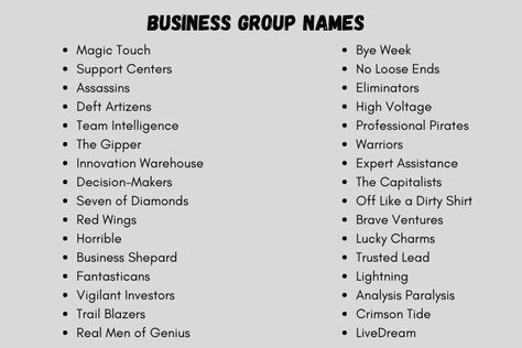 Business Team Names: 250+ Creative Names Business Groups Ingame Names Ideas, Walking Group Names, Czns Group Name, Gp Name Idea, Tribe Names Ideas, Friendship Names Ideas, Group Account Names, Friendgroup Names, Funny Group Names For Whatsapp