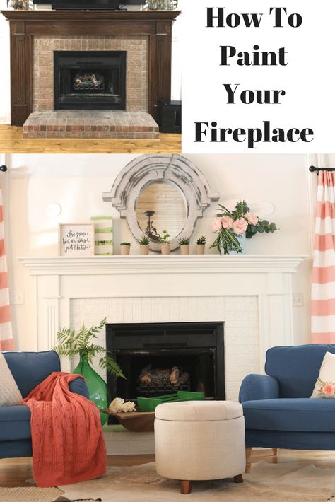 Got Ugly Brick? How to Paint Fireplace Mantel Farmhouse Fireplace Mantel, Painted Fireplace Mantels, White Wash Brick Fireplace, Red Brick Fireplaces, Farmhouse Mantel, White Brick Fireplace, Diy Fireplace Makeover, Painted Brick Fireplaces, Fireplace Cover