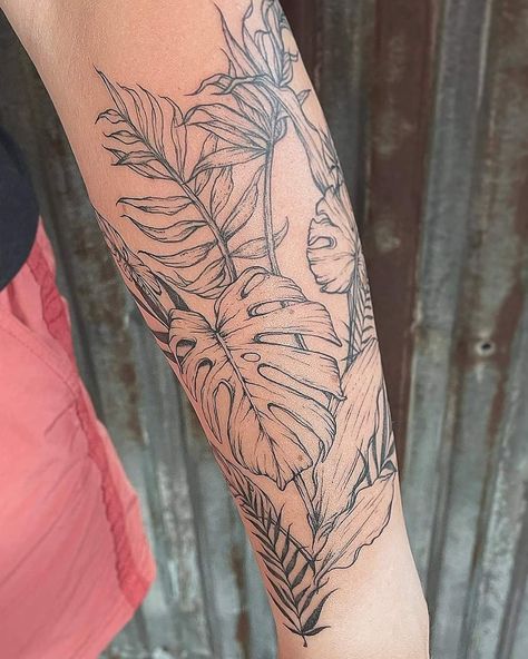 Botanical Half Sleeve Tattoo Upper Arm, Jungle Foliage Tattoo, Plant Leaf Tattoo Sleeve, Tropical Leaf Tattoo Sleeve, Variegated Monstera Tattoo, Tropical Half Sleeve Tattoos For Women, Flower Sleeves For Women Tattoo, Plant Arm Sleeve Tattoo, Realistic Plant Tattoo