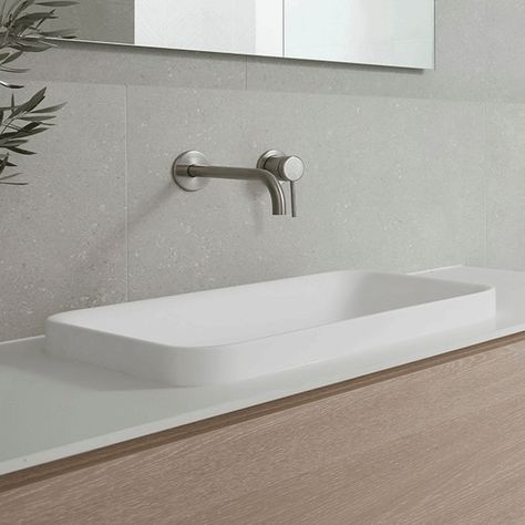 Simple installation Durable and easy to maintain Gloss or Matte white finish Dimensions 500mm x 250mm x 100mm 45mm above benchtop Matching 32mm waste available separately Description This lovely basin has a rectangular semi-inset design. This basin is designed to a durable and stylish eye catcher in just about any bath Semi Inset Basin Bathroom, Semi Inset Basin, Tile Cloud, 80s Bathroom, Ensuite Vanity, Light Wooden Floor, Inset Cabinets, Architectural Designer, Basin White