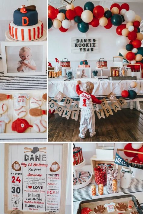 Sports Themed 1st Birthday Party, Party Favor Table Birthday, Rookie Of The Year First Birthday Goodie Bags, 1 St Birthday Baseball Theme, Modern First Birthday Boy, One Party Themes, Boy’s First Birthday Themes, 1yr Birthday Party Ideas Boy, Home One Birthday Party Ideas