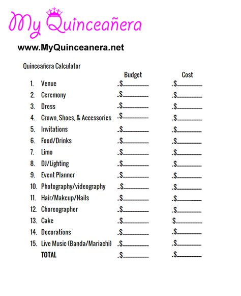 My Quinceañera: Budget Calculator Quinceanera Planning Checklist, My Quinceanera, Budget Quinceanera, Birthday Party Planner Printable, Quinceanera Checklist, Quince Decor, Budget List, Budget Calculator, Quinceañera Ideas