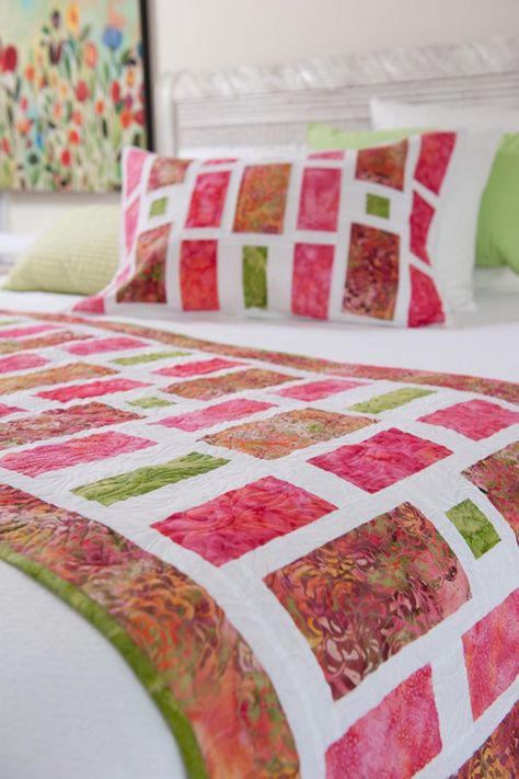 Whistlepig Creek: pretty Watermelon Batiks bed-runner and pillow shams.  Look for the June/July 2012 Quilt Magazine Issue. Bed Runners Ideas, Watermelon Quilt, Colchas Quilting, Bed Runners, Batik Quilts, Quilt Magazine, Colorful Quilts, Bed Runner, Quilted Table Runners