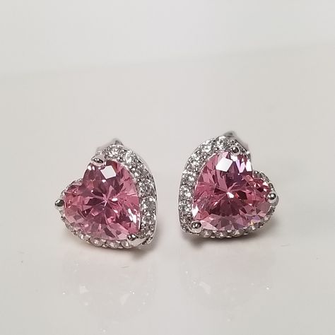 "Thanks for shopping our vintage estate store. We tend to sell well below wholesale and truly hope you enjoy all of our items. Many of the items are one of a kind, so please enjoy scrolling through the pictures and hopefully something will catch your eye. Black spots are from camera. Nice estate sterling silver 925 Pink Heart 1ct Pink Ice and Cz Diamond studs. Size: 3/8\" 9mm Weight: 2.45 grams Heart gem: .50ct each stud Makes a great present. This is a custom made earrings from our shop, meanin Pink Heart Earrings Aesthetic, Diamond Earrings Tiffany, Pink Diamond Earrings, Nice Earrings, Heart Gem, Pink Heart Earrings, White Gold Earrings Studs, Pink Gem, Tiffany Jewelry