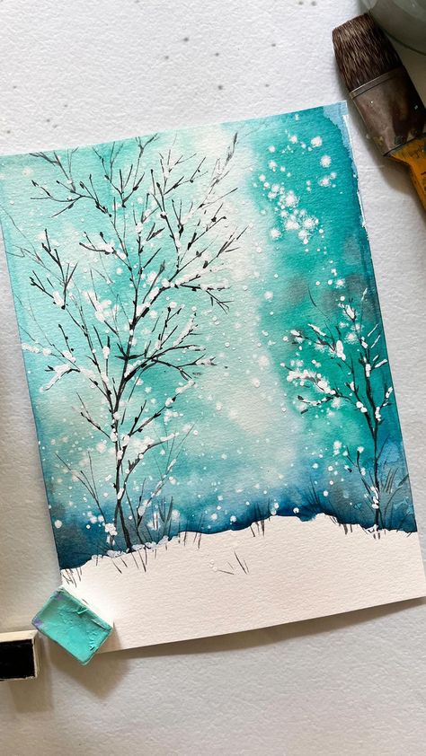 Winter Watercolor Paintings Landscapes, Snow Watercolor Paintings, Winter Wonderland Watercolor, Watercolour Winter Scenes, Winter Watercolor Landscape, Snow Art Drawing, Winter Watercolor Tutorials, Winter Watercolor Ideas, Winter Watercolor Paintings Easy