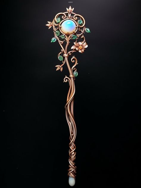 This stupendously rare staff opens up a portal to the one and only Feywild. To open the portal, hold it before you while saying the magical phrase, “Voimasi tunnen olevan villi paljastaa!” which is elvish for, “Your power, i feel, fey wild reveal!” Only those who can attune to it can use its power, and the portal closes as soon as someone, or something, passes through it. Sorceress Staff, Elf Staff, Staff Fantasy, Wizard Staff Aesthetic, Druid Staff Design, Magic Staff Aesthetic, Elven Staff, Magical Staff Design, Nature Staff