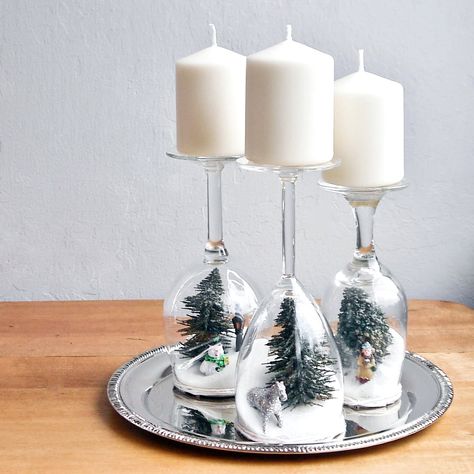 Wine Glass Holiday Dioramas | POPSUGAR Smart Living Dollar Store Candle Holder, Snow Decorations, Dollar Store Candles, Dollar Store Christmas Decor, Dollar Store Christmas Decorations, Dollar Store Christmas Crafts, Diy Snow Globe, Christmas Hacks, Christmas Centerpieces Diy