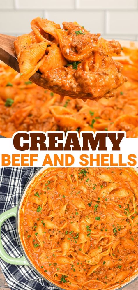 Creamy Beef and Shells is an easy ground beef pasta recipe with a creamy tomato sauce made with marinara, sour cream, heavy cream and shredded cheddar cheese. Creamy Pasta With Hamburger, Pasta With Red Sauce And Cream Cheese, Beef And Marinara Recipes, Hamburger Meat Recipes With Heavy Cream, Spaghetti Sauce With Heavy Cream, Recipes With Heavy Cream Dinner, Shredded Cheddar Cheese Recipes, Spaghetti Sauce With Cream Cheese, Recipes With Marinara Sauce