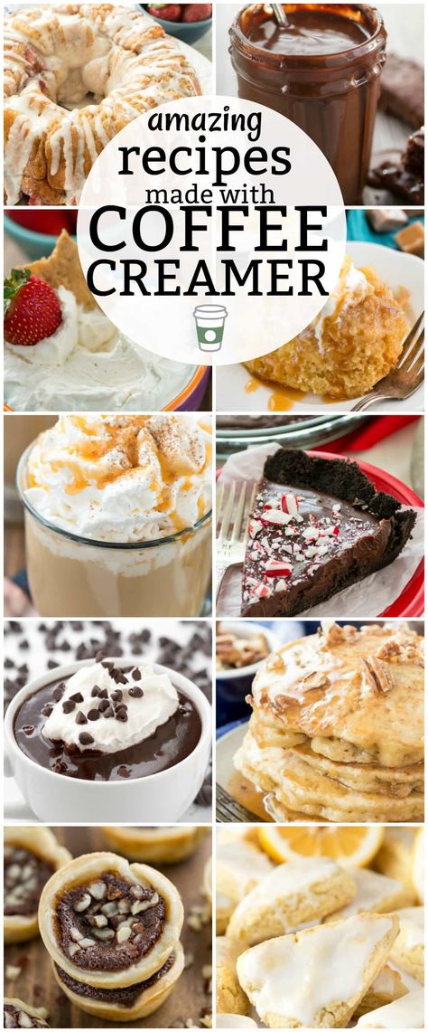 There are SO MANY recipes you can make with coffee creamer! Drinks, pancakes, cakes, pies, scones, dips, the options are endless. This list has over 38 amazing recipes made with Coffee Creamer! via @crazyforcrust Flavored Coffee Creamer Recipes, Homemade Coffee Creamer Recipe, Hazelnut Coffee Creamer, Powder Coffee Creamer, Coconut Creamer, French Vanilla Creamer, Vanilla Coffee Creamer, Flavored Coffee Creamer, Homemade Coffee Creamer