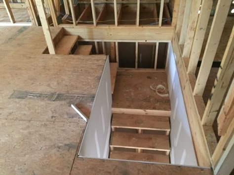 Looking down stairs from unfinished bonus room above garage. Second Story Addition Staircase, Bonus Room Staircase, Staircase From Above, Stairs To Bonus Room Above Garage, Garage Attic Stairs, Stairs To Bonus Room, Steep Stairs Remodel, Attic Build Out, Room From Above