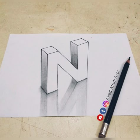 Letter N Drawing, Cool Letters To Draw, Photo Name Art, 3d Calligraphy, How To Draw 3d, Draw 3d, Alphabet Drawing, Name Drawings, Optical Illusion Drawing