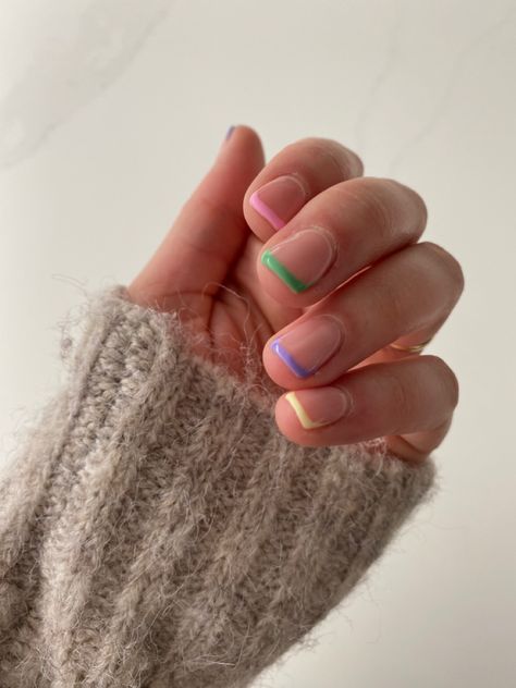 Colour Block French Manicure, Multicolour French Tips, Multicolour French Tip Nails, Multicoloured Nails Tips, Colourful French Tip Nails, Pastel Multicoloured Nails, Engagement Nails, Manicure Colors, Civil Wedding Dresses