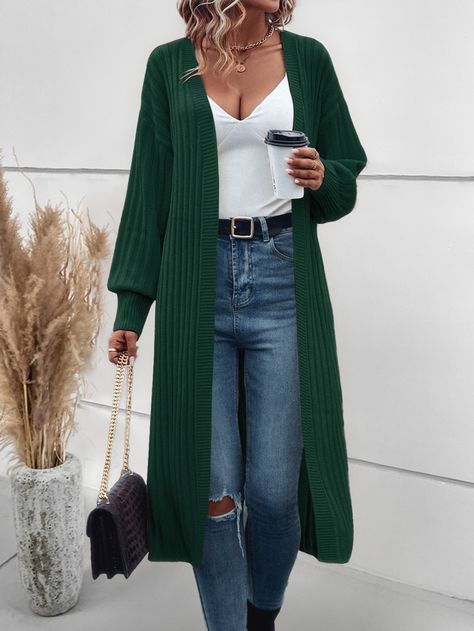 Long Green Cardigan Outfit, Dark Green Cardigan Outfit, Duster Sweater Outfits, Duster Cardigan Outfit, Green Cardigan Outfit, Cardigan Verde, Sweater Cardigan Outfit, Dark Green Cardigan, Green Sweater Cardigan