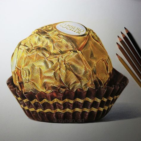 bit.ly/211kEPC byartfido: #Ferrero Rocher by @rayhan_art. How incredible are the details in this drawing!(Shared by @yaseen_uk) Colored Pencil Artwork Ideas, Hyperrealistic Art, Color Pencil Sketch, Prismacolor Art, Gcse Art Sketchbook, Realistic Drawing, Colored Pencil Artwork, Food Illustration Art, Candy Art