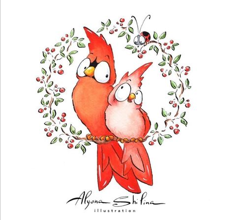 Cartoon Cardinal Drawing, Cartoon Cardinal, Whimsical Art Drawings, Animal Illustration Art, Doodle Art Journals, Cute Animal Illustration, Kids Watercolor, Christmas Card Art, Cute Animal Drawings Kawaii