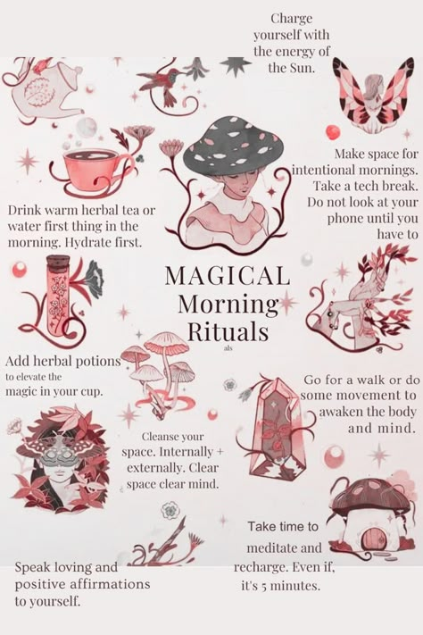 Embark on a transformative morning ritual! Start your day with a soothing herbal tea, speak uplifting affirmations, and connect with your inner light. Embrace the magic of mindful moments and set the tone for a day of abundance and joy. #MorningRitual #MindfulMornings #HerbalTea #PositiveAffirmations #MagicalMornings Good Morning Rituals, Witchcraft Morning Routine, Magical Morning Rituals, Pagan Morning Routine, Spiritual Routine Aesthetic, Morning Affirmations Witch, 1st Day Of The Month Ritual, Pagan Self Care, Morning Rituals Daily Routines