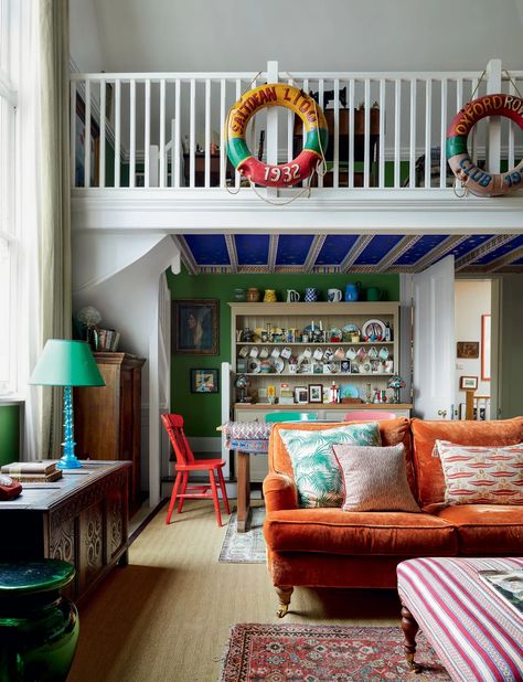 Andrew O'Hagan's house is as eclectic and colourful as his novels | House & Garden Stylish Living Room Ideas, Colored Dining Chairs, Mahogany Desk, Headboard Cover, Kitchen Dresser, Arts And Crafts House, London House, Orange Velvet, Studio Room