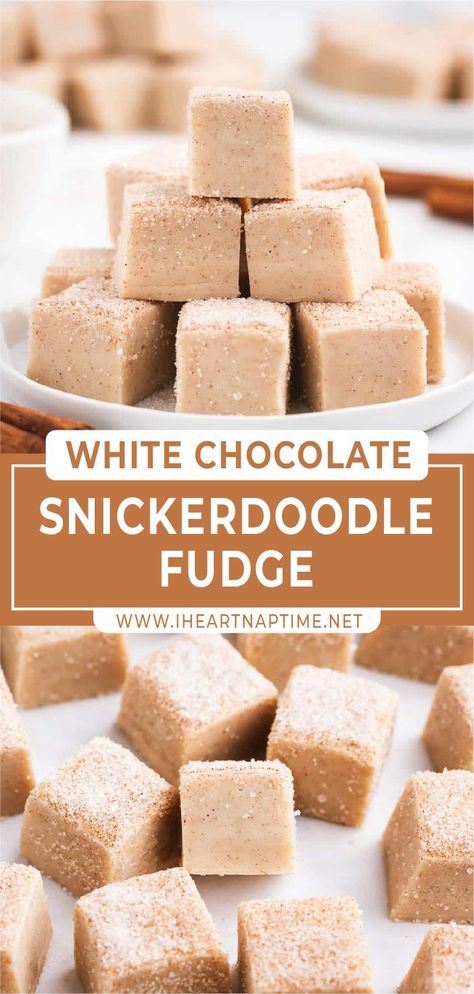 This snickerdoodle fudge tastes just like snickerdoodle cookies! It’s rich and creamy with a little cinnamon sugar crunch on top. I promise you’ll love it! Cinnamon Toast Crunch Fudge, Snickerdoodle Fudge Easy, Cinnamon Roll Fudge, Cinnamon Fudge Recipe, Snickerdoodle Fudge, Goodie Plates, Cinnamon Fudge, Sugar Cookie Fudge, Homemade Fudge Recipes