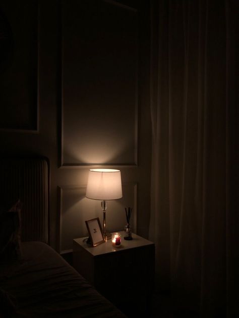 Lamps On Nightstands, Nightstand Aesthetic, Bedroom Photography, Dark Bedroom, Bedroom Light, Bedroom Photos, Room Lamp, Room Pictures, Dark Room