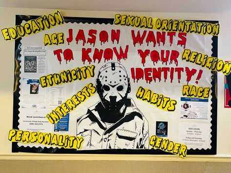 Jason, Halloween, Resident Assistant. Identity Bulletin Board Ra, Identity Bulletin Board, Bulletin Board College, College Bulletin Board, Ra College, Res Life Door Decs, Halloween Classroom Door, College Bulletin Boards, Ra Bulletins