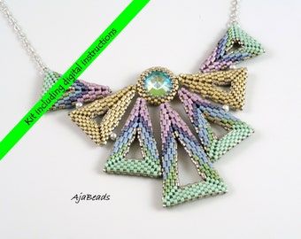 Geometric Beading, Seed Bead Tutorials, Beaded Necklace Patterns, Pendant Tutorial, Bird Beads, Geometric Inspiration, Necklace Patterns, Seed Bead Tutorial, Matte Pink