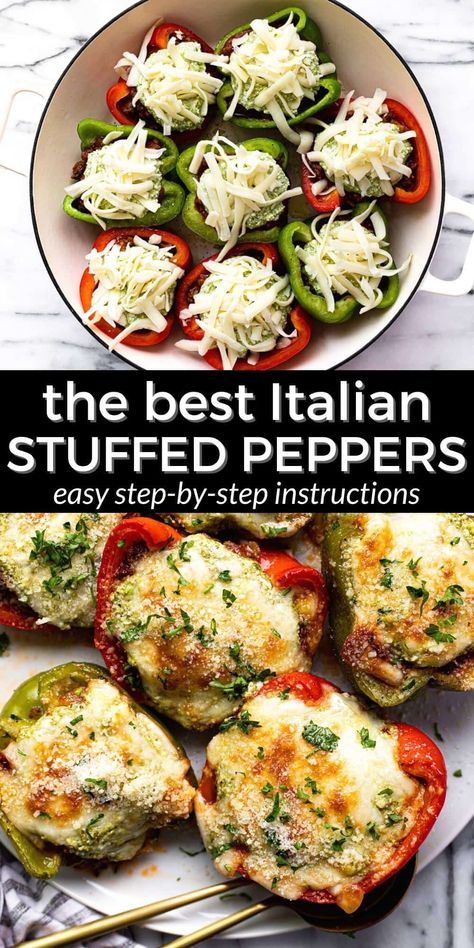 Gf Stuffed Peppers, Stuffed Bell Peppers Easy Recipe, Stuffed Pepper No Rice, Stuff Peppers With Rice, Pesto Beef Recipes, Stuffed Bell Peppers No Meat, Italian Bell Peppers Stuffed, No Rice Stuffed Peppers, Italian Stuffed Peppers Beef