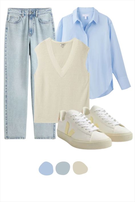 Spring Light Outfits, Light Blue Shoes Outfit, Style A Blue Shirt, Beige And Blue Outfit, Light Blue Outfit Ideas, Blue And White Outfit Ideas, Light Blue Shirt Outfit, Light Blue Jeans Outfit, Spring Styling