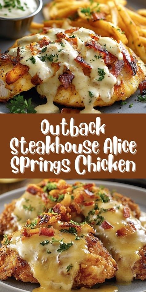 Craving Outback Steakhouse’s Alice Springs Chicken? 🌟 Make it at home with this quick and easy recipe! 👩‍🍳 Tender chicken, creamy honey mustard, smoky bacon, and gooey cheese make this a family favorite. 🥓🧀 Perfect for busy weeknights or impressing guests, this dish is a must-try! Save now and share your love for great food! 😍 #ChickenDinner #CopycatRecipes #FamilyFavorites #Foodie #DinnerTime 🍽️🍗 Outback Chicken, Outback Steakhouse Alice Springs Chicken, Alice Springs Chicken Recipe, Alice Springs Chicken Outback, Creamy Honey Mustard, Alice Springs Chicken, Creamy Honey, Chicken Receipes, Super Easy Dinner